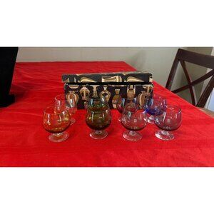 Vintage Portugal Multi-Color Glass Brandy Snifter Set Of 8 Original Box MCM